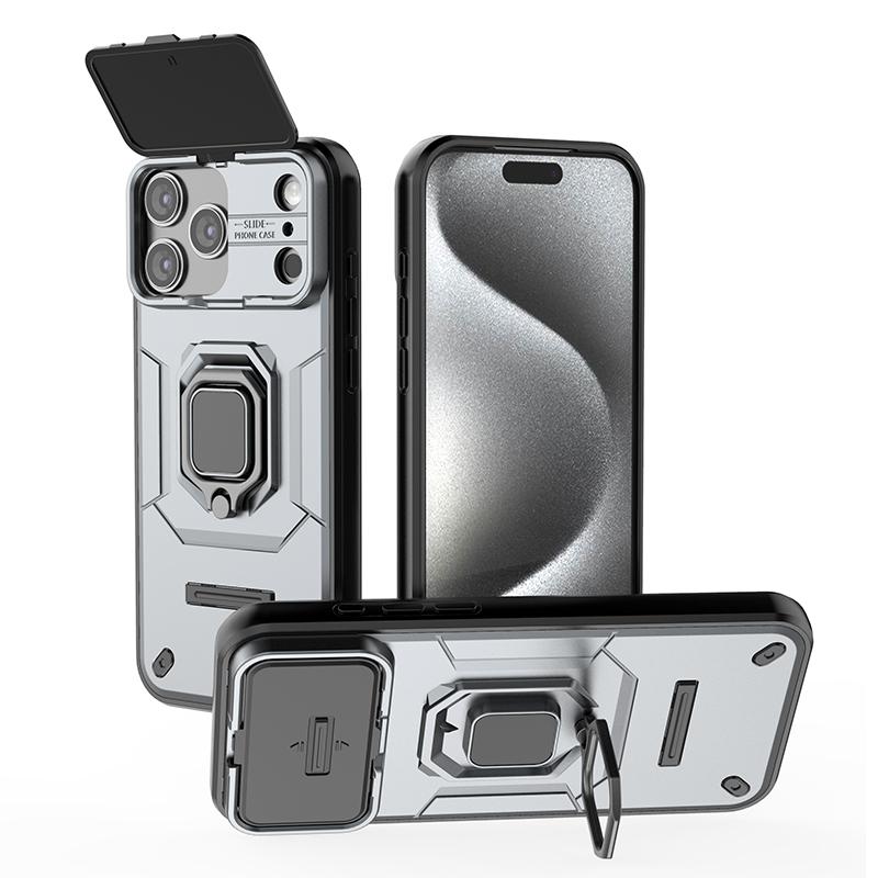 Slide Camera Lens Magnetic Bracket Case for iPhone 18 17 16 15 13 Pro Max 14 Plus Heavy Duty Shockproof Ring Stand Cover X0040