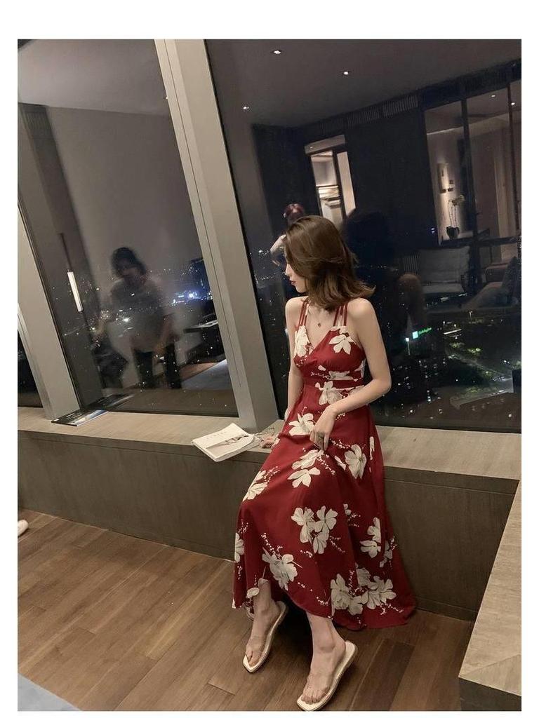 2020 Summer Korean Midi Backless Spaghetti Strap Beach Dress
