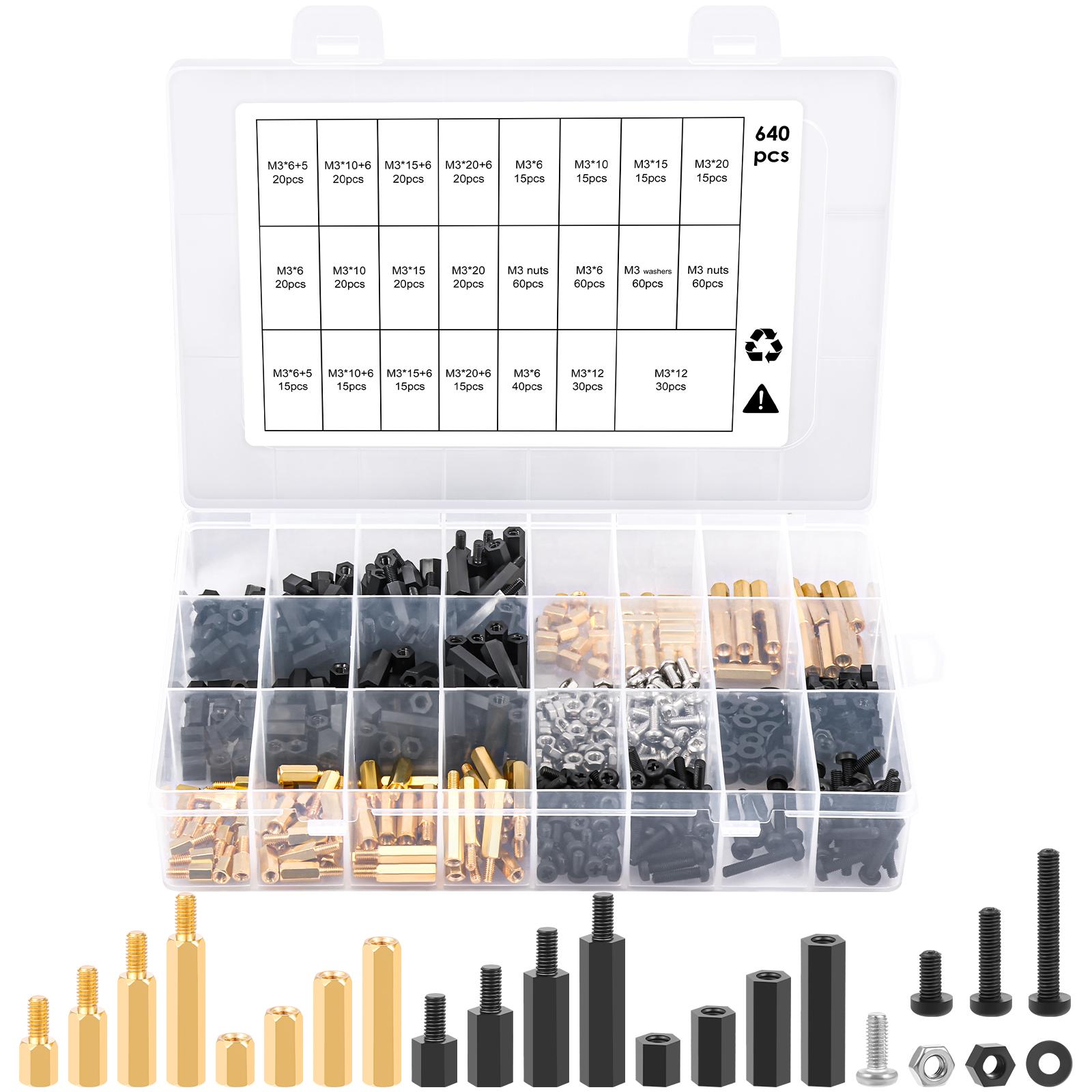 

640pcs M3 Screws Nuts Set Brass and Nylon Motherboard Standoffs Kit Male Female Hex Spacer Standoff Screws Nuts for PCB Circuit