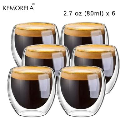 6 Stück 80 ml/2,7 oz Set Hochborosilikat Doppelwandige Kaffeetassen Kreative Transparente Isolierte Espressowasser Trinkgläser