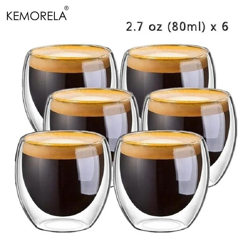 6PCS 80ML/2.7OZ Set High Borosilicate Double-Layer Coffee Cups Creative Transparent Insulated Espresso Water Drink Glass Cups
