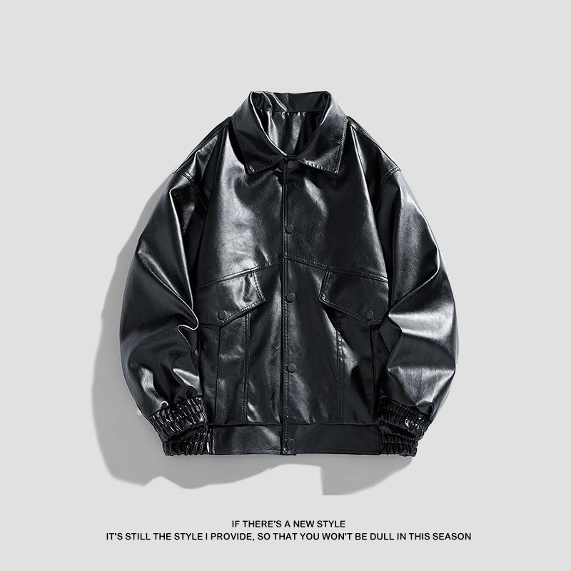 New PU leather men's lapel collar American leather jacket trendy men's casual jacket trendy Hong Kong style coat wide