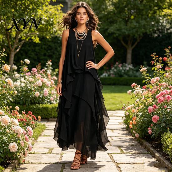 Fat Hiding Loose Dress Women's Flowy Chiffon Dress, Sleeveless Crew Neck Asymmetrical Hem Plus Size Women Long Summer Layered Cocktail Wedding
