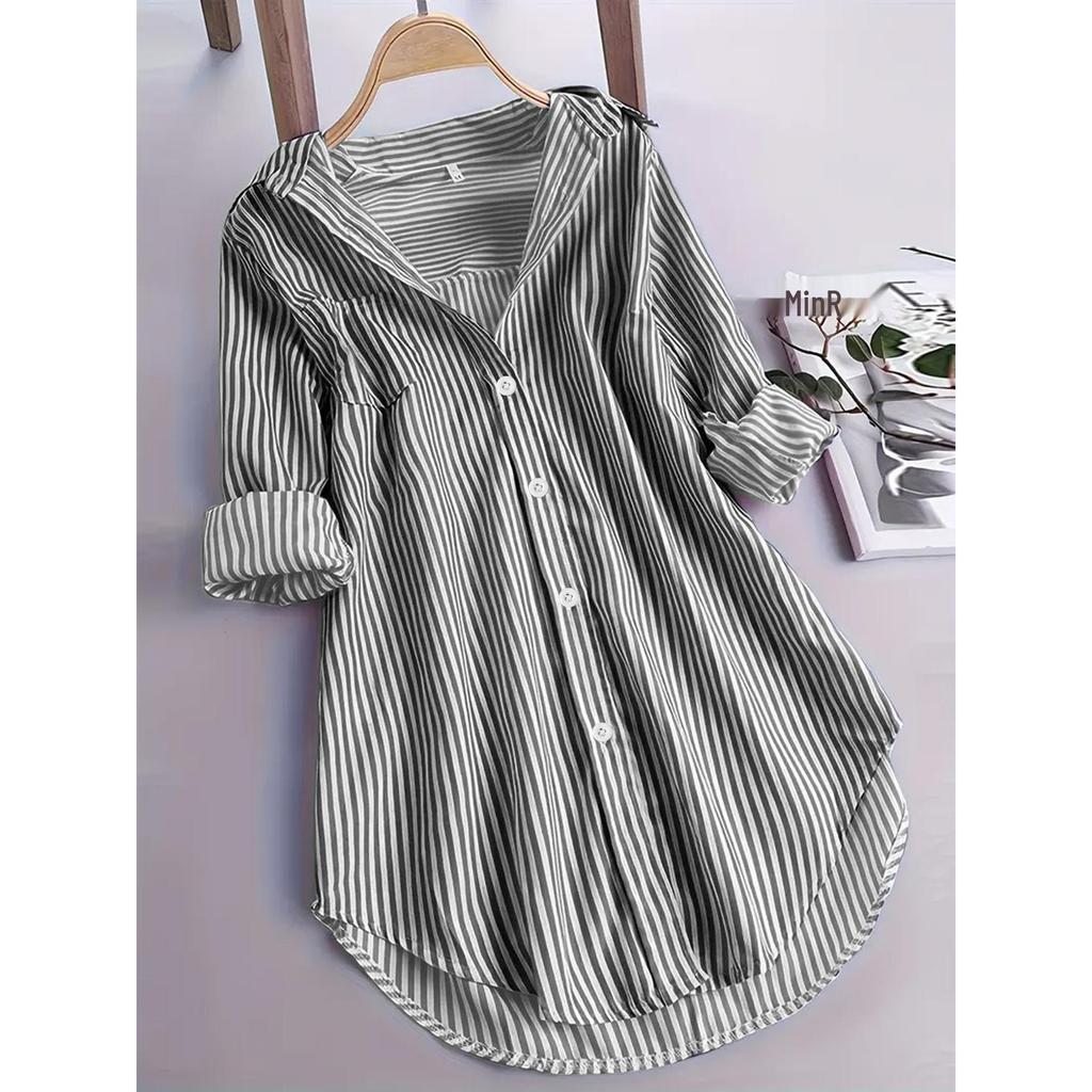Women's New Style Striped Mid-Length Loose Shirt, Casual Fashion, Long-Sleeved