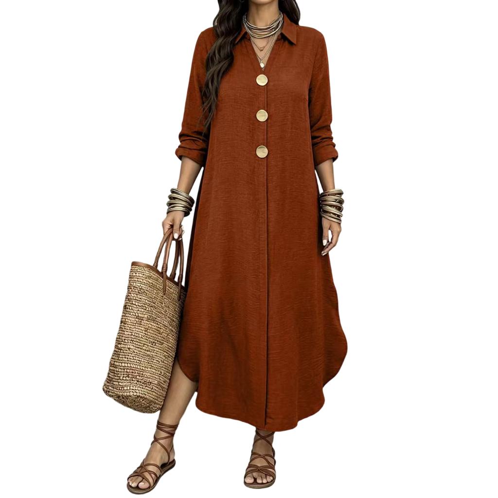 Women's Casual Color Long Sleeve Button Down Shirt Dress for Everyday Wear