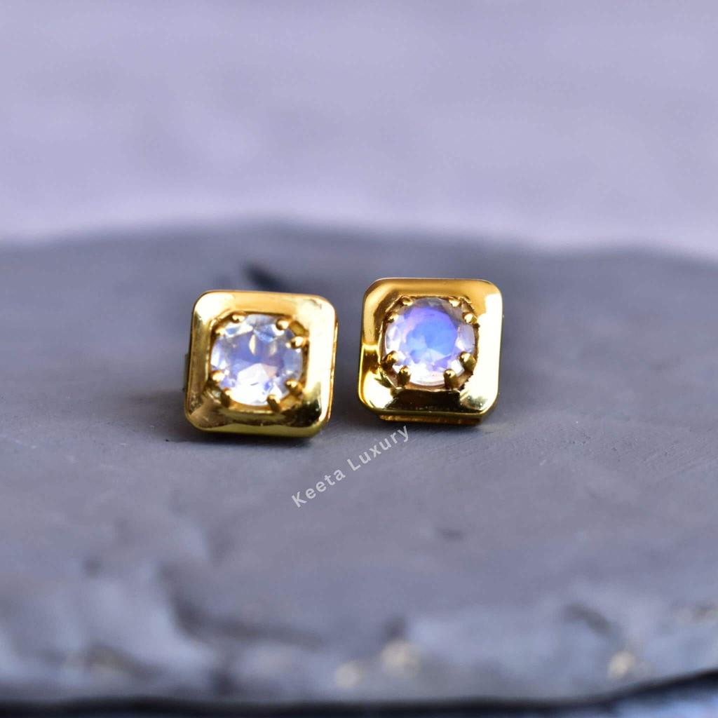 Natural Blue Sheen Moonstone Earrings, Rainbow Moonstone Studs Earrings, Crystal Earrings, Moonstone Studs for Women, Bridesmaid Jewelry
