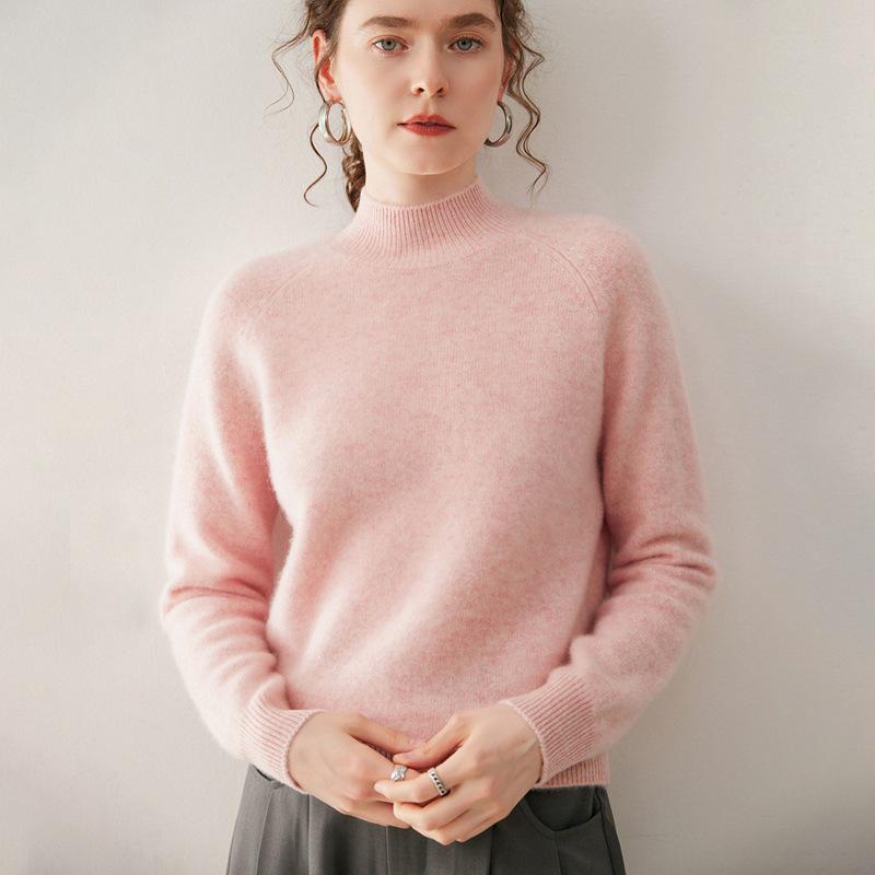 Women's Cashmere Double-Ply Thick Knit Sweater - Half-High Neck, Drop Shoulder, Versatile Solid Color, Autumn/Winter Warm Base Layer