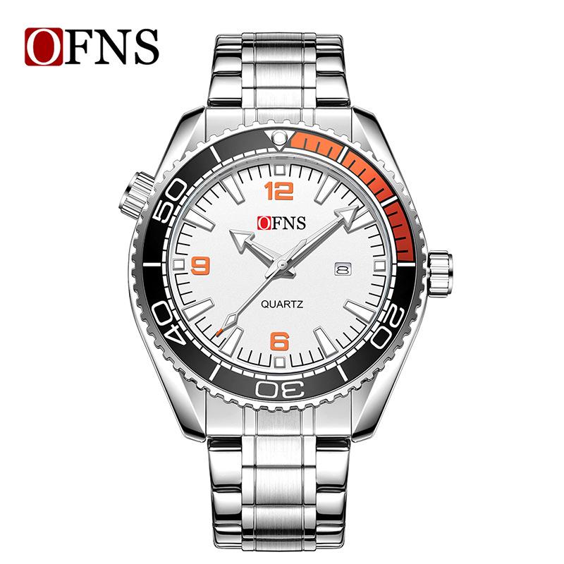 OFNS Men s Waterproof Steel Business Wristwatch with Rotating Bezel, Luminous Calendar, and Rubber Band.