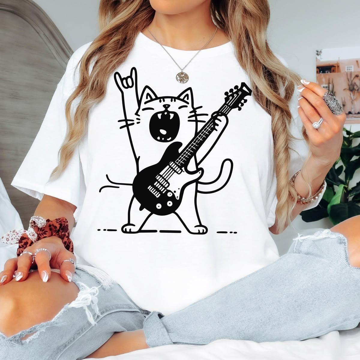 Rock and Roll Cat Shirt Front and Back Graphic Guitar Music Short Sleeves T-Shirt Tees S белый