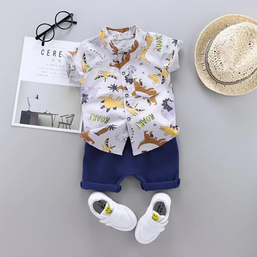 Summer Printed Pyramid Shirt Short Sleeved Shorts Set for Male and Female Infants and Young Children