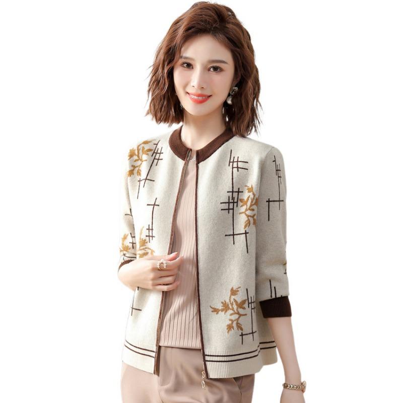 Autumn and winter new middle-aged and old mothers wear women's knitted sweater bottoming shirt temperament zipper top round neck pullover loose