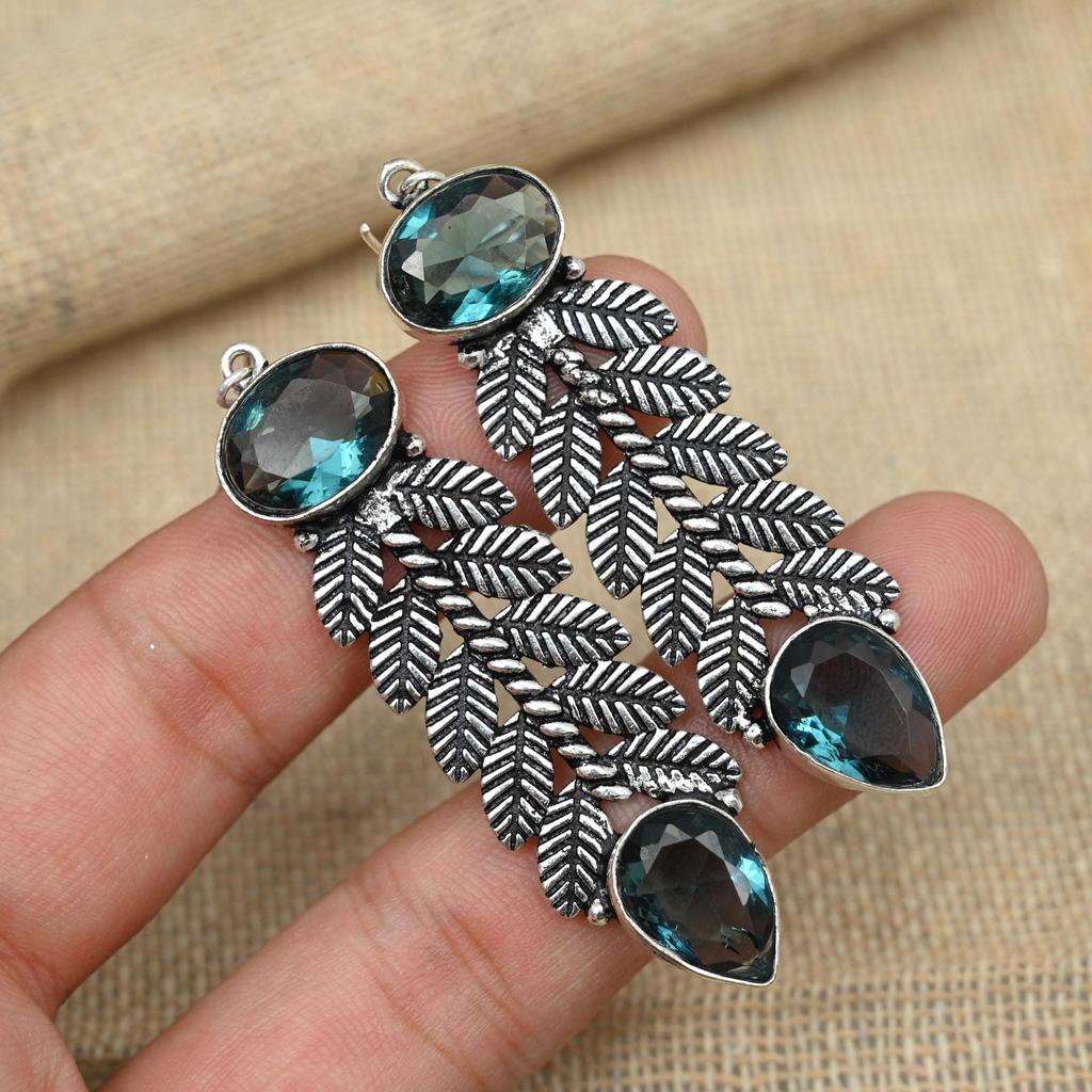 Indicolite Tourmaline Gemstone 925 Sterling Silver Handmade Designer Jewelry Earrings