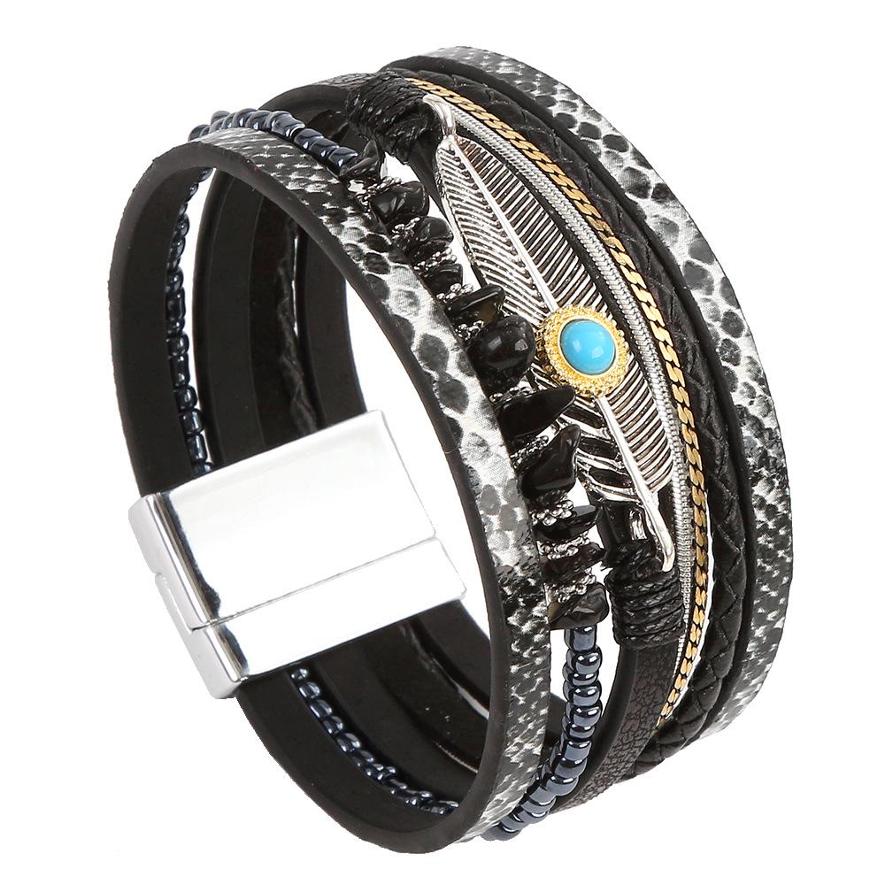 Korean Style Leather Bracelet with Feather & Turquoise for Women & Men