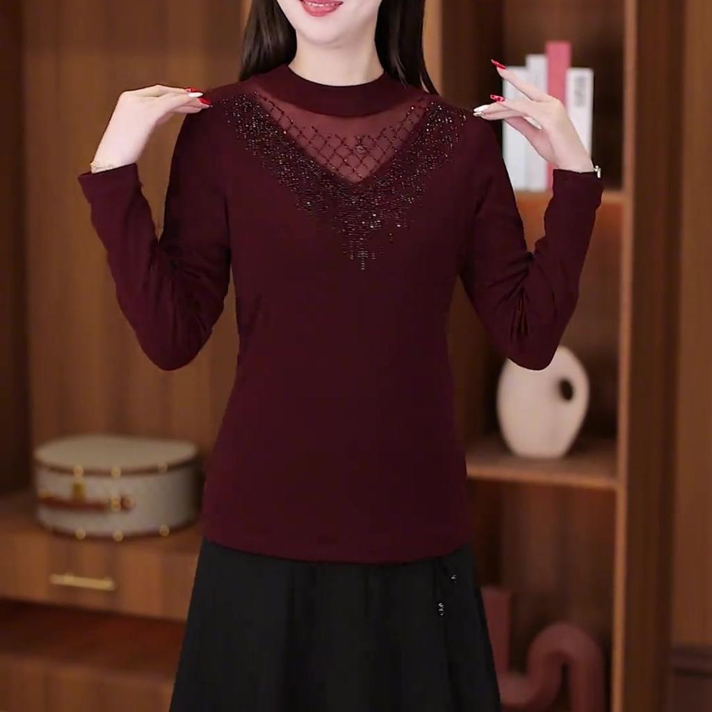 New Winter Style Stylish Slim-fitting Base Shirt for Women with Half Turtle Neck Mesh Long Sleeve T-shirt for Women