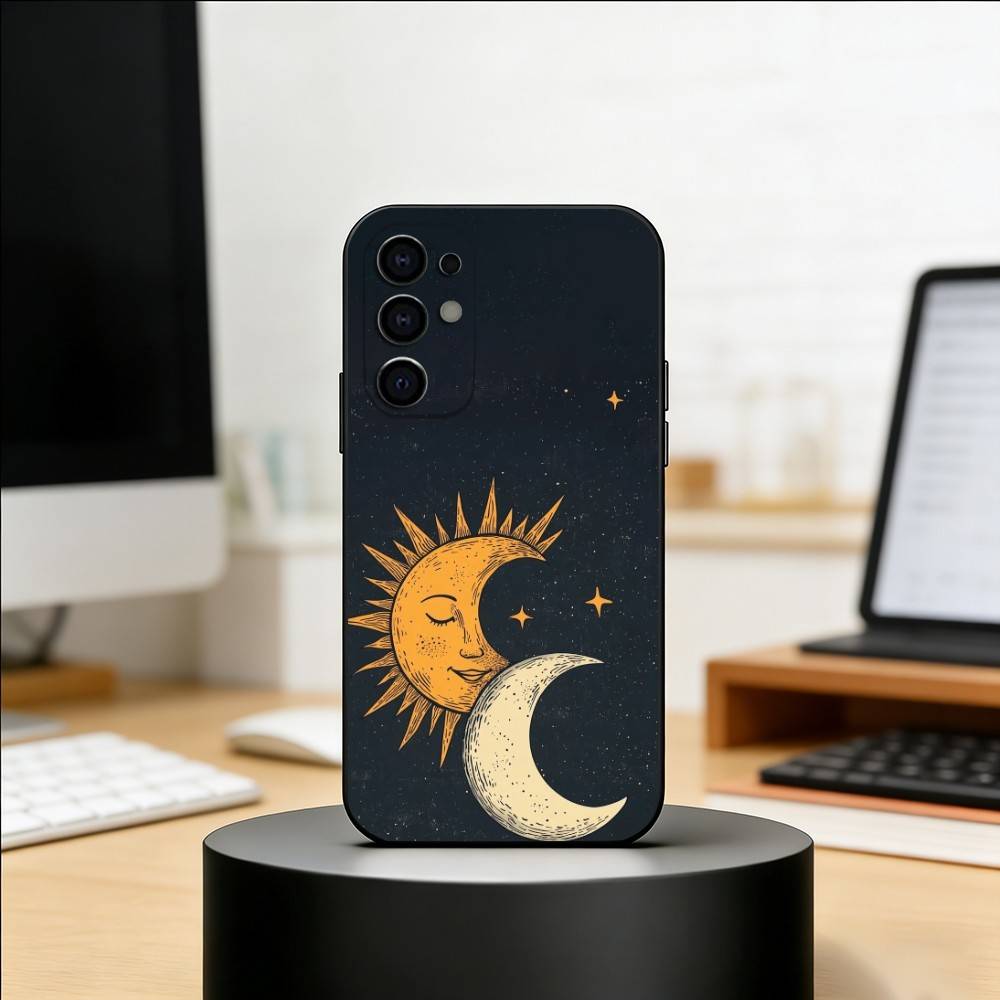 Sun Moon Phone Case For Samsung S25,S24,S21,S22,S23,S30,Ultra,S20,Plus,Fe,Soft Silicone Black Cover