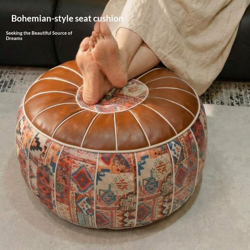 53x35cm Soft Bohemian PU Leather Pouf Embroidered Craft Storage Ottoman Footstool for Patio Decor