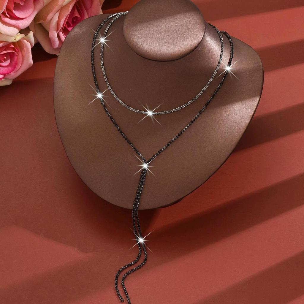 Double Layer Y-Shaped Rhinestone Necklace for Women Long Tassel Chain