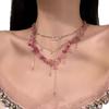 Dainty Trendy Romantic Pink Flower Beaded Chokers Stackable Necklace Handcrafted Fairy Tassel Women Wedding Summer Vacation