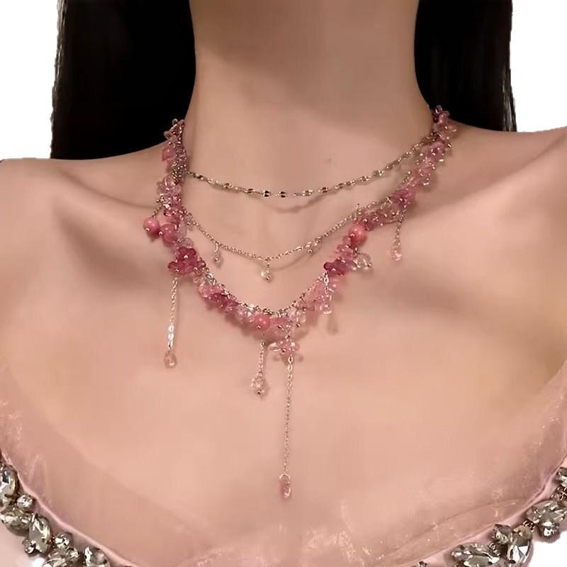 Dainty Trendy Romantic Pink Flower Beaded Chokers Stackable Necklace Handcrafted Fairy Tassel Women Wedding Summer Vacation