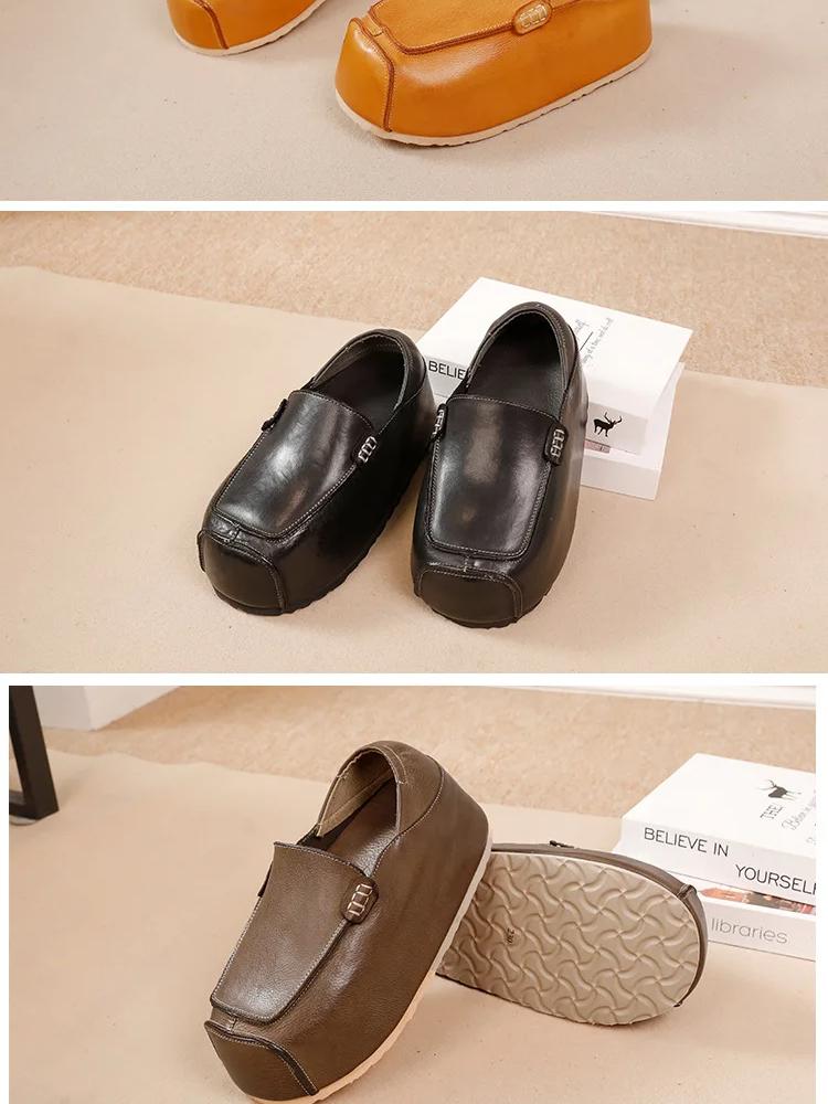 Johnature Genuine Leather Invisible Height Increasing Shoes Retro Handmade Flat Platform Shoes