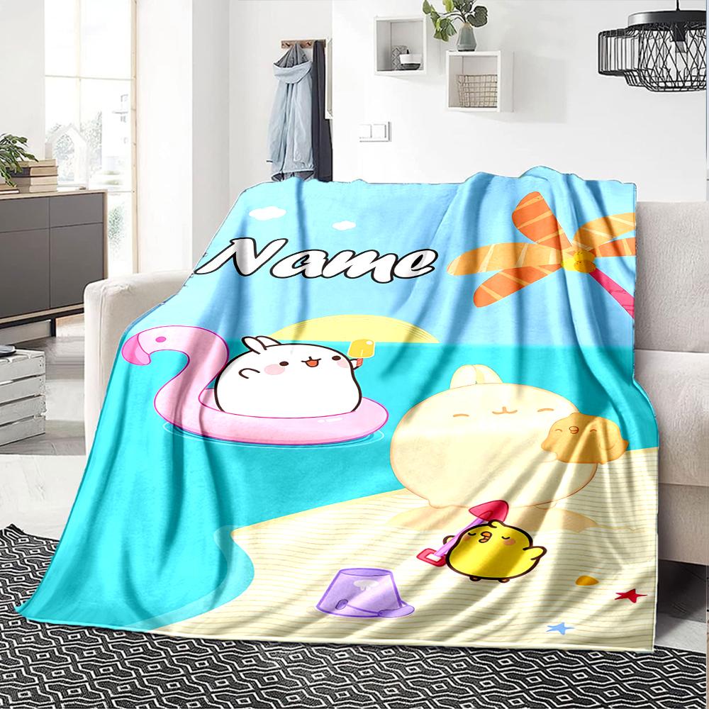 Customiz Name Personality Molang Blanket Soft &Warm Sofa Office Bed Travel Lunch Break Blanket, Gift Suitable All Seasons