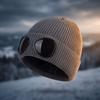 Unisex Goggle Knitted Beanie Hat with Removable Glasses Thick Fleece Lined Windproof Warm Winter Skull Cap for Outdoor Skiing Snowboarding