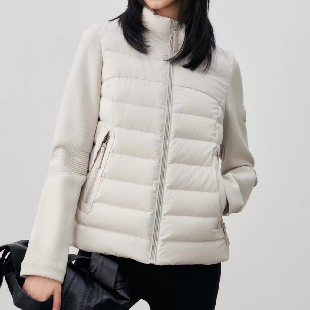 New white goose down thin yoga stand-up collar knitted splicing light and thin short ribs down jacket medium cardigan jacket