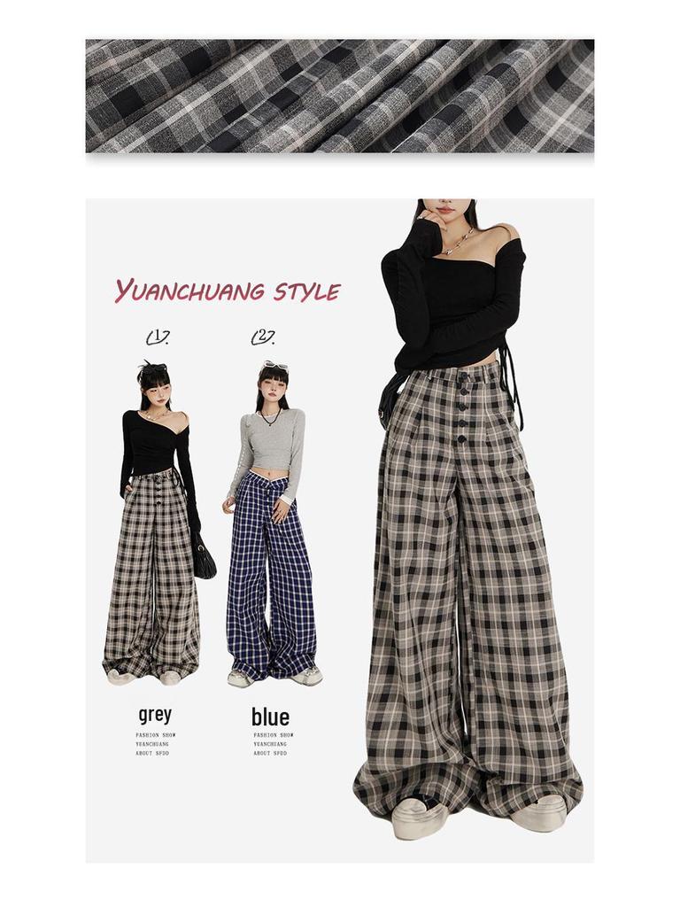 Women's High Waist Plaid Wide-Leg Casual Pants - Autumn Button-Down Style