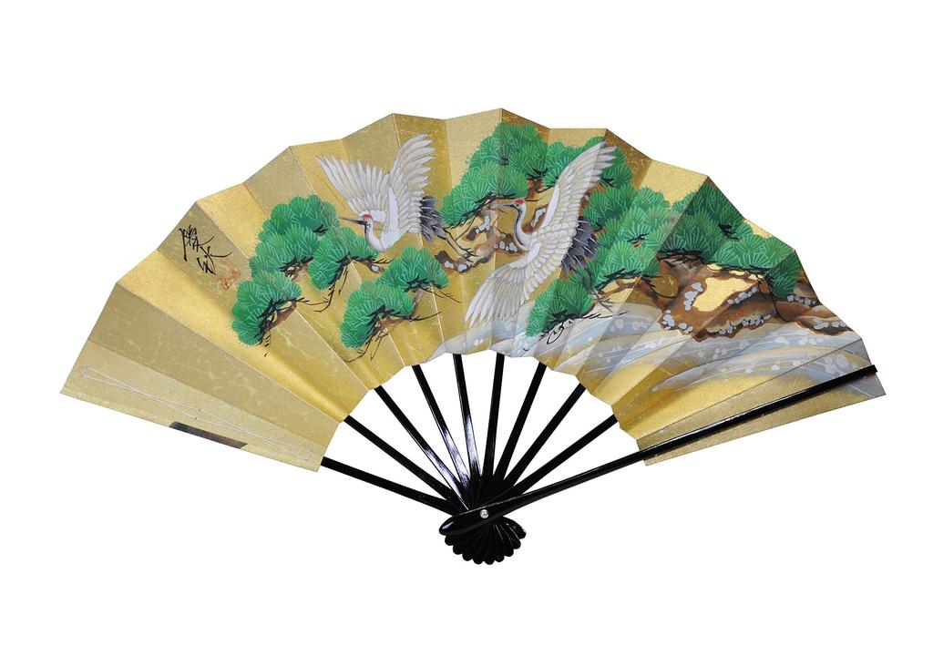 Kyoto Fan Hand-painted double-sided decorative fan with two cranes and autumn leaves. Comes with fan stand and box.