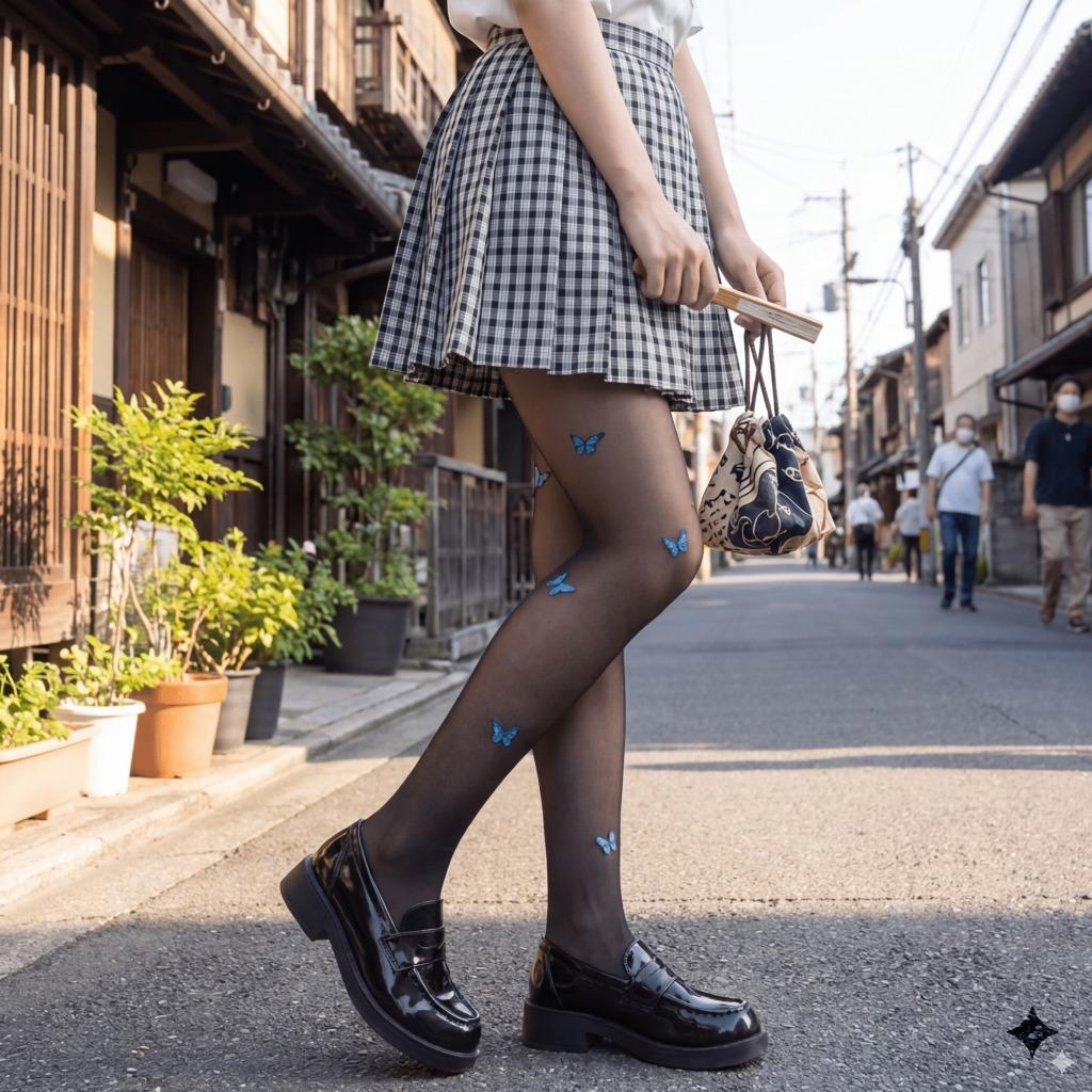 1 Pair Of Transparent Blue Butterfly Printed Stockings With Gentle Style And Slimming Effect, Paired With Pantyhose