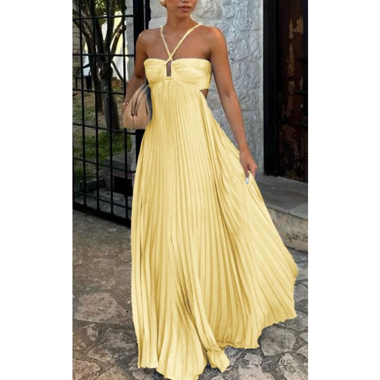 Women Strappy Neck Sleeveless Plisse Maxi Dress Solid Color Cut Out Backless Beach Vacation Dress