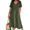 Lässiges Sommerkleid für Damen mit V-Ausschnitt, Knopfleiste, Baumwolle und Leinen, einfarbig, kurzärmelig, mittellang