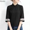 ZANZEA Women Print Splice 3/4 Sleeve Casual Stand Collar Loose Blouse