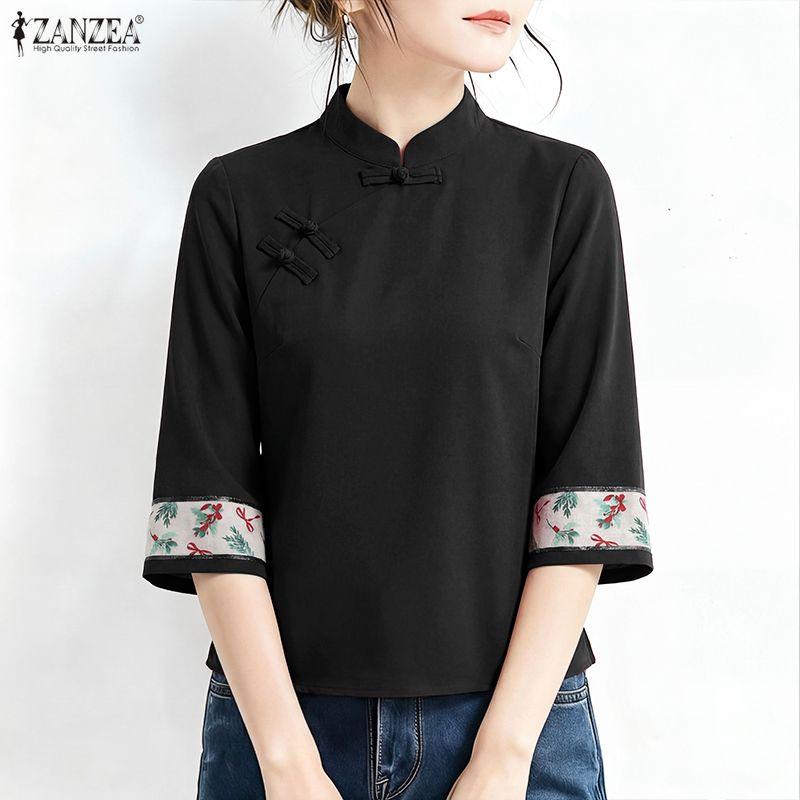 ZANZEA Women Print Splice 3/4 Sleeve Casual Stand Collar Loose Blouse