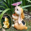 Solar Bunny Statue Garden Decor with Butterfly LED Light Resin Animal Sculpture Figurine Outdoor Decoration for Garden Courtyard