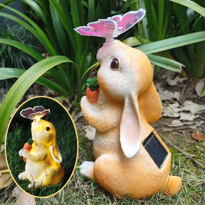 Estátua de Coelho Solar Decoração de Jardim com Borboleta Luz LED Escultura de Animal em Resina Estatueta Decoração Externa para Jardim Pátio