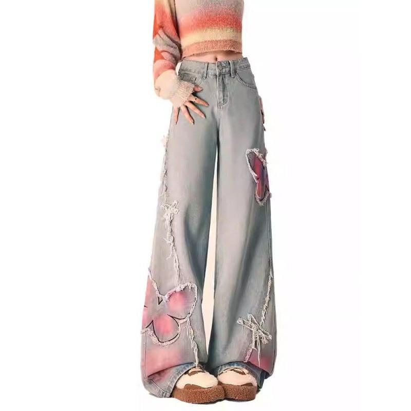 Womens High-Waisted Wide Leg Straight Cut Denim Jeans With Color-Block Patchwork Design Winter