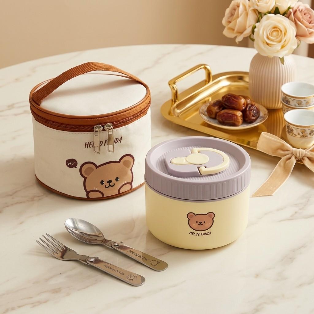 304 Stainless Steel Thermal Lunch Box with Handle Leakproof Microwavable Round Bento Box Food Storage Container for Kids School