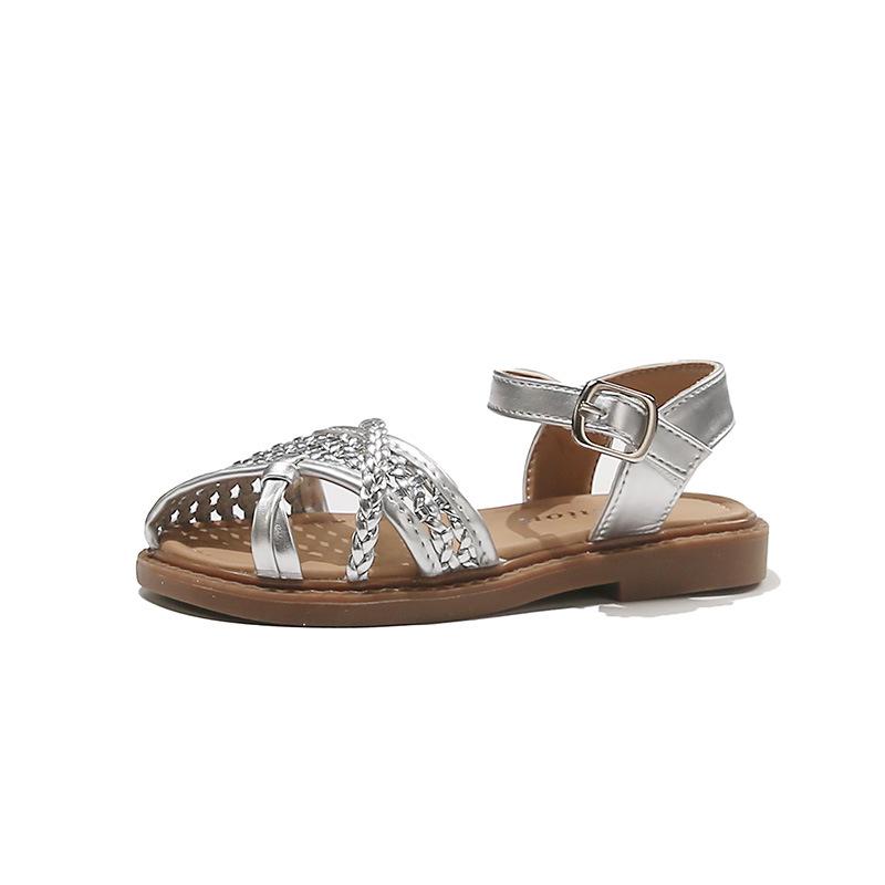 Children's woven hollow sandals2026Summer girls' woven sandals for toddlers, young and older children, open-toed princess solid color sandals