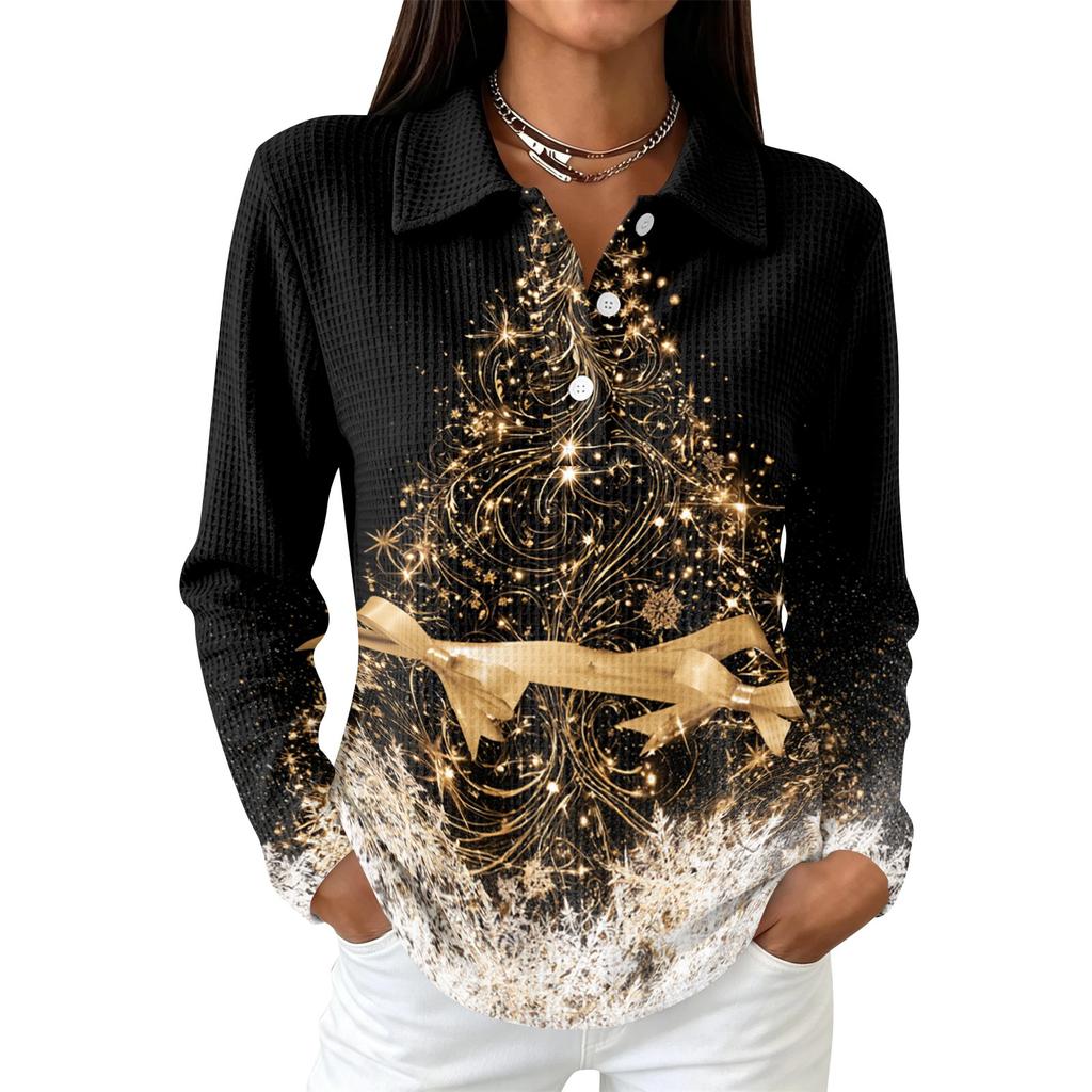 Women's Casual Christmas Print Long Sleeve Button Blouse with Lapel Collar and Side Slits