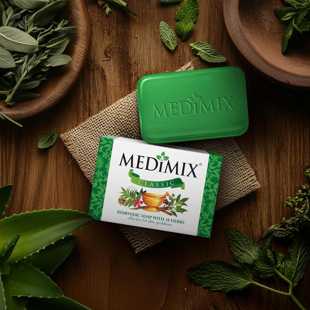 Medimix Classic Ayurvedic Soap 75g | Infused with 18 Natural Herbs for Acne, Skin Smoothening, and Body Odor Relief