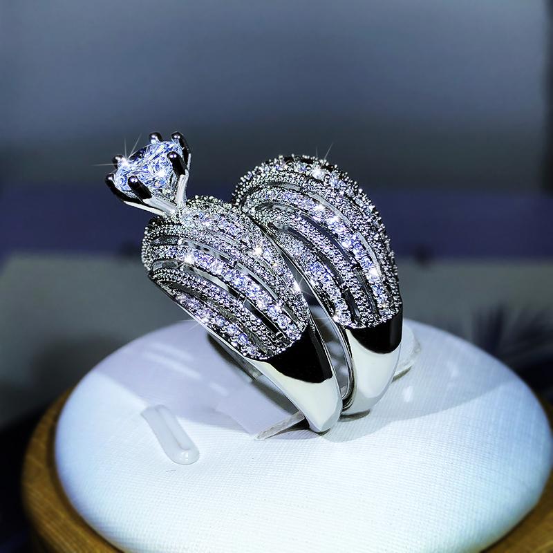 Ensemble Double Bague de Luxe Zircon de Haute Qualité Plaqué Or Véritable Bagues pour Hommes et Femmes Bijoux de Fête Mariage Cadeau