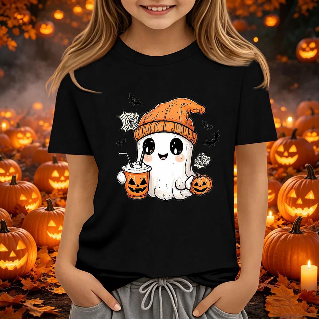 Kids Halloween Printed Neck Short Sleeve T-Shirt Loose Fit Casual Top