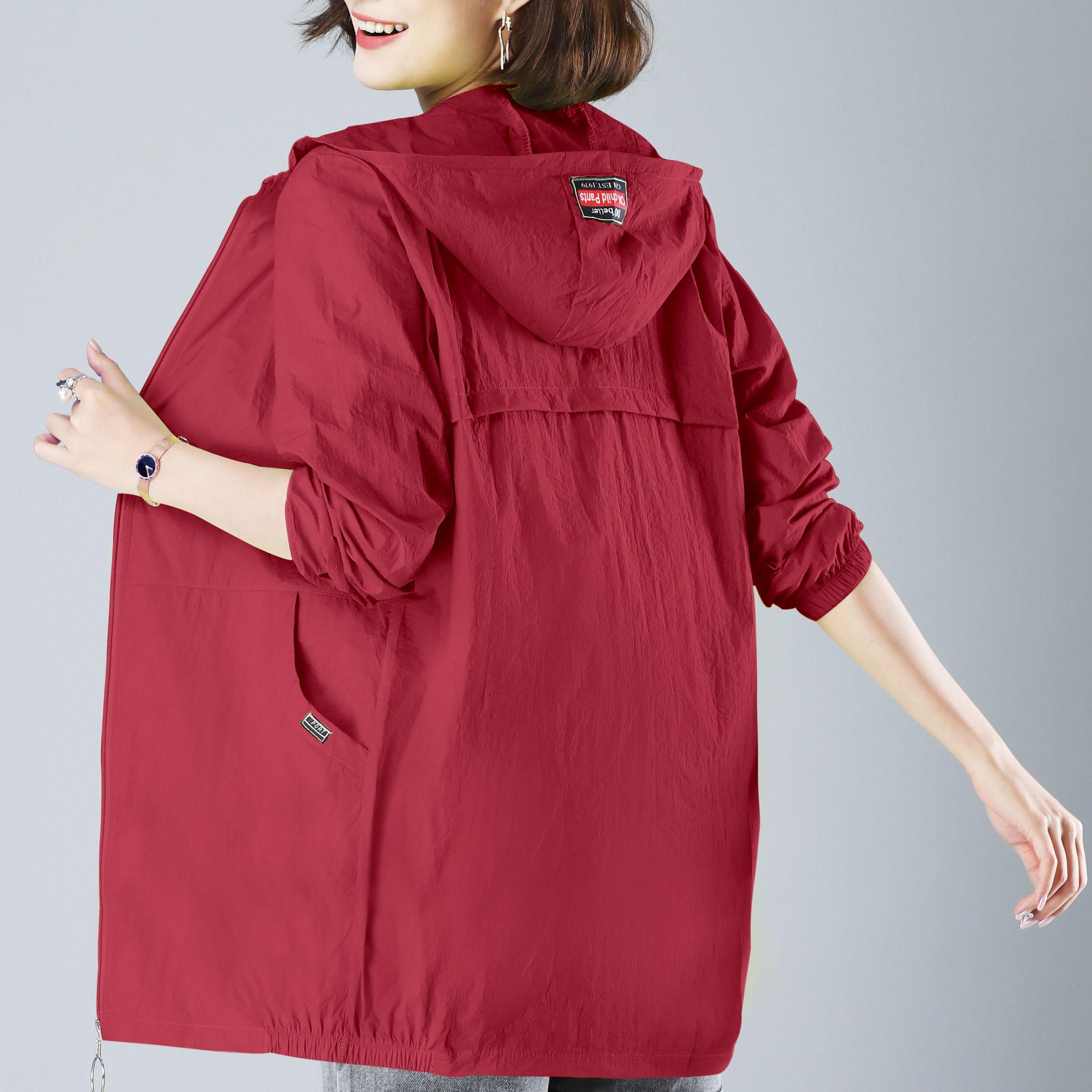 

Модные куртки с капюшоном, летние женские солнцезащитные плащи на молнии, тонкая свободная длинная верхняя одежда, дышащая легкая одежда XXXXL красный