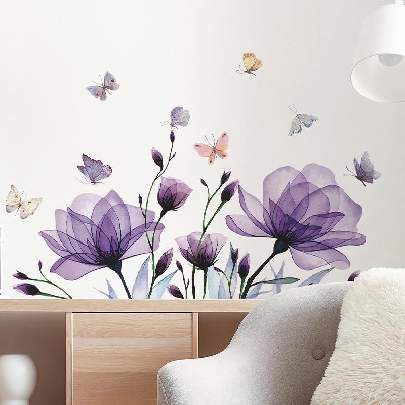 Romantic Purple Flowers Butterfly Bedroom Living Room Home Beautification Decorative Wall Stickers Room Decal