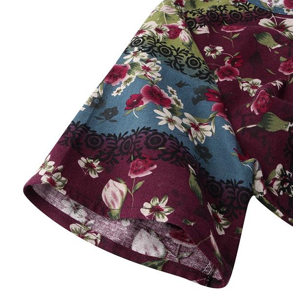 Vintage Women O Neck Short Sleeve Patchwork Cotton Dress Summer Floral Dress