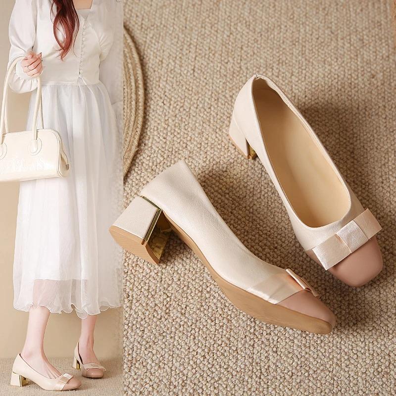Fashion Autumn New Thick Heel Shoes Women's Fashion Square Head Before and After Butterfly Knot Comfortable Low Top Shoes