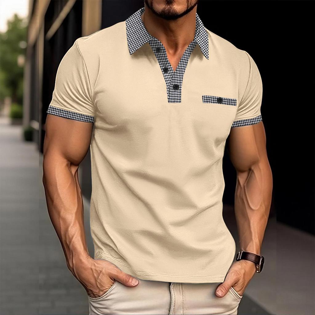 Polo Estiva da Uomo a Colore Unito Manica Corta Casual Traspirante Leggera Misto Cotone Top con Collo e Polsini a Quadretti