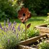 Iron Flower Garden Stake with Brown Finish, Raised Flower Head, Leaf Shape, and Long Stem for Direct Placement In Soil, Lawns, and Outdoor Plantings
