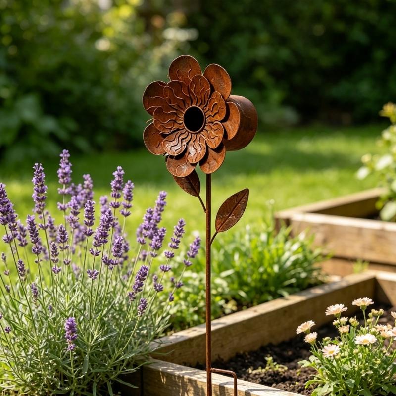 Iron Flower Garden Stake with Brown Finish, Raised Flower Head, Leaf Shape, and Long Stem for Direct Placement In Soil, Lawns, and Outdoor Plantings